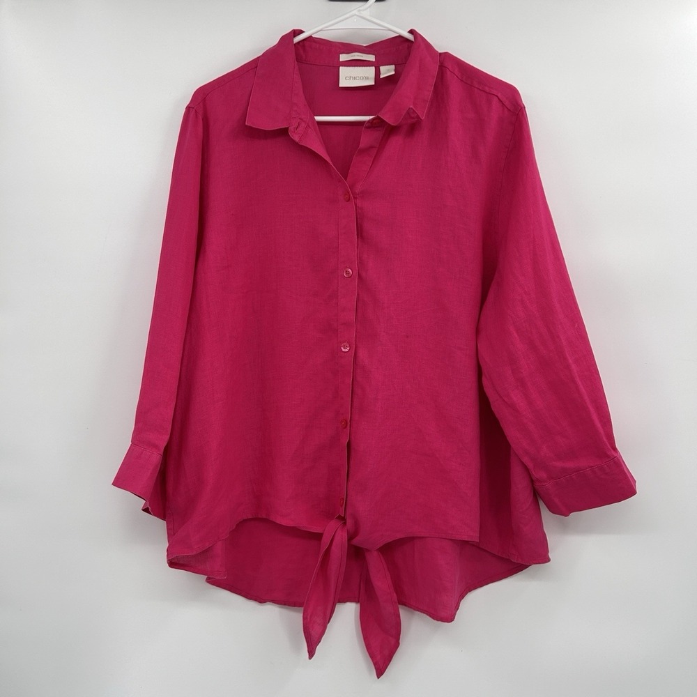 Chicos Womens 100% Linen Tie Front Top Sz XL Pink Beachy‎ Coastal Preppy Resort